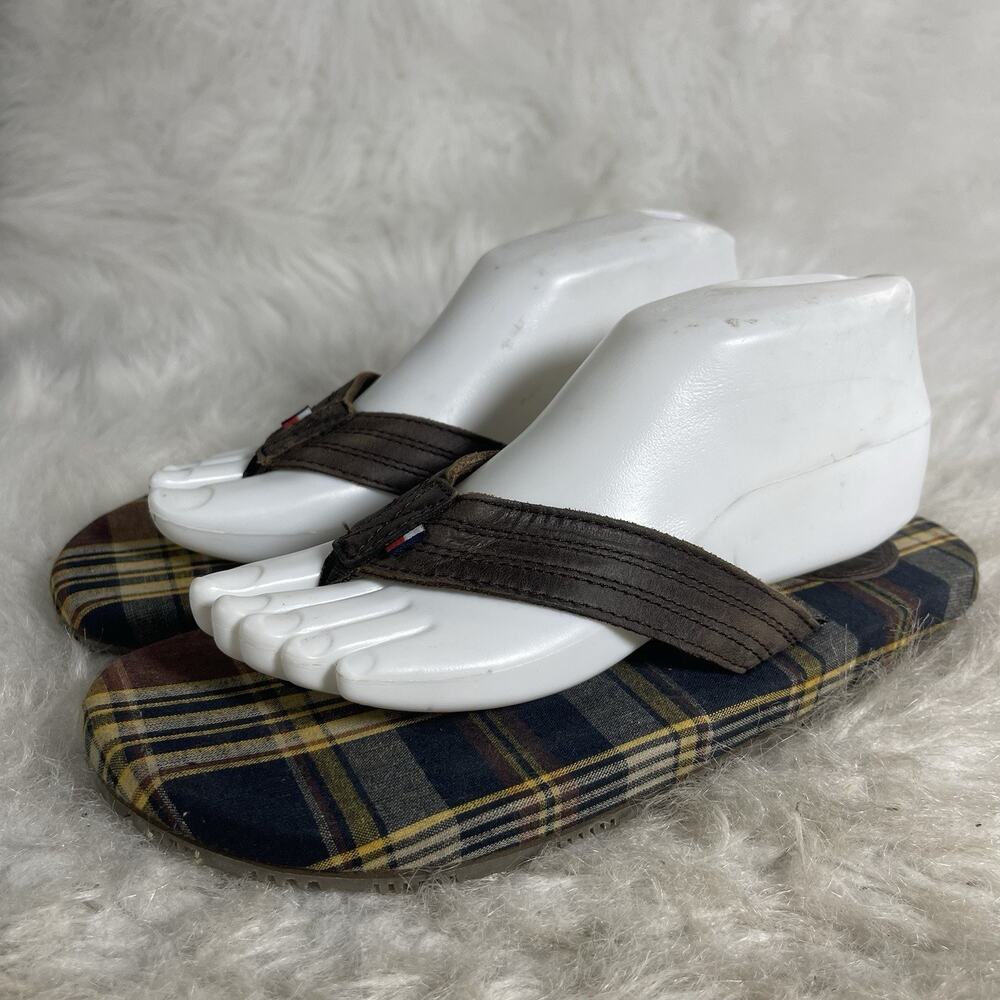 Tommy Hilfiger Flip Flops Mens 7M Brown Leather Plaid Thong Sandals